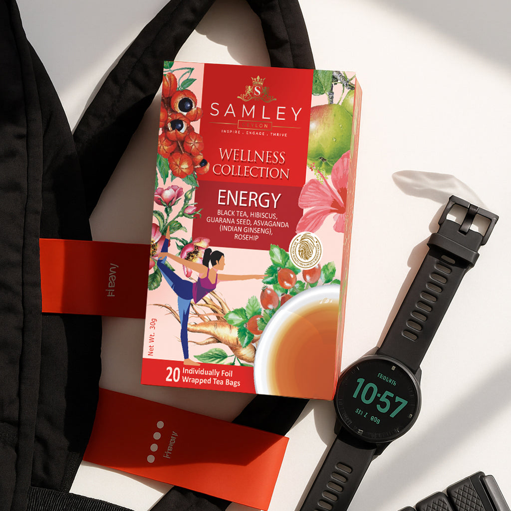 Teacord Wellness Collection tea box with a smartwatch displaying the time on a white surface.