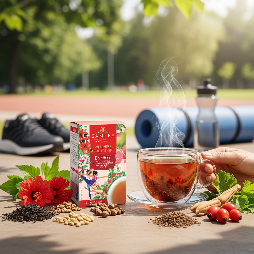 Teacord Wellness Collection Energy tea box with a cup of tea, tea leaves, and flowers on a table outdoors.