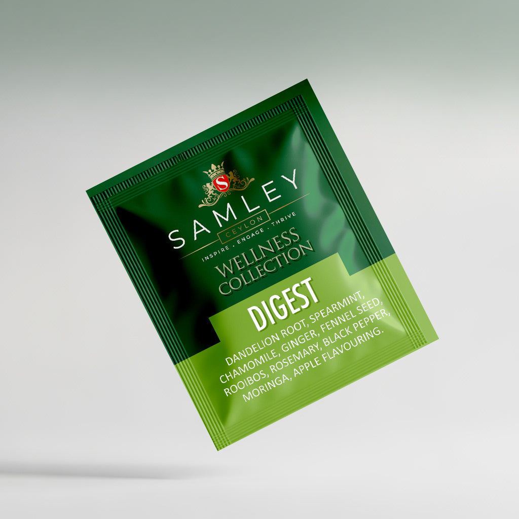 Green package of Teacord Wellness Collection Digest on a light gray background