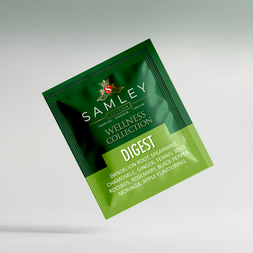 Green package of Teacord Wellness Collection Digest on a light gray background
