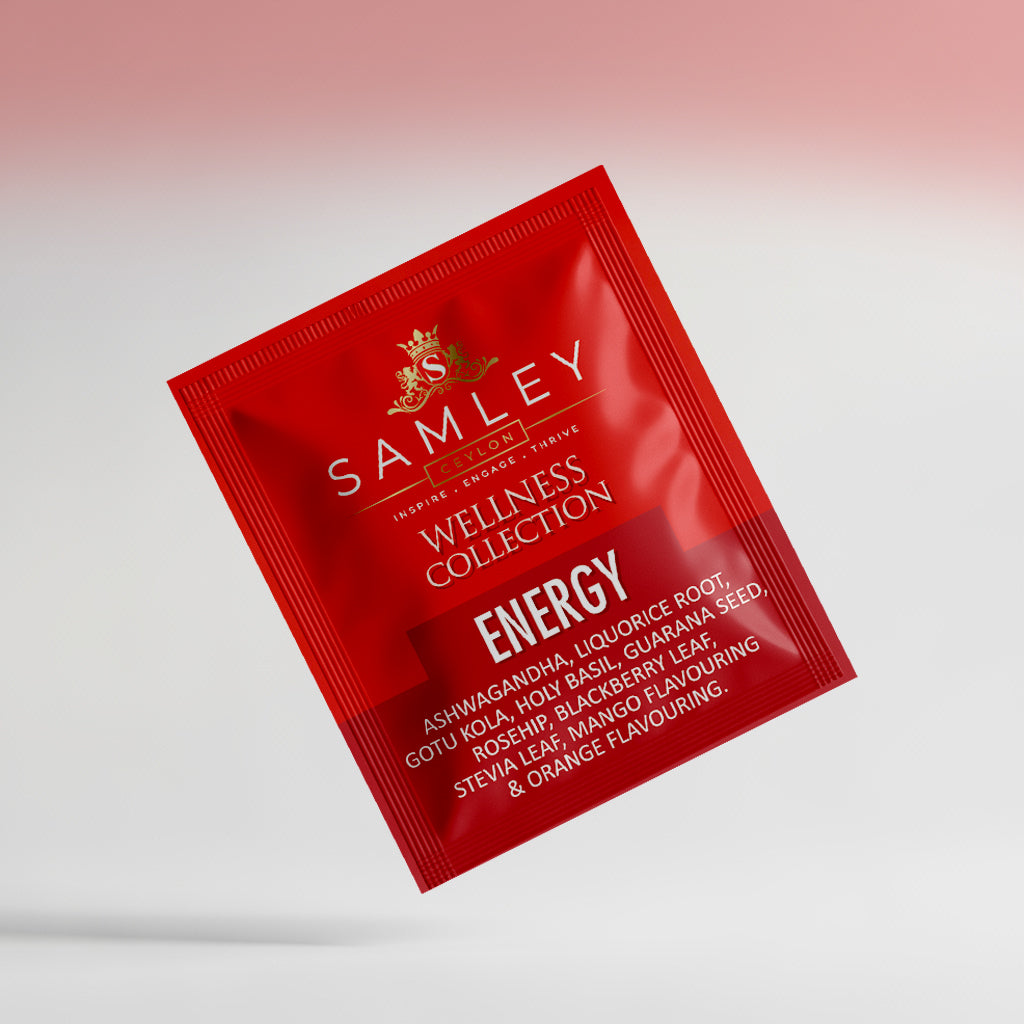 Red packet of Teacord Wellness Collection Energy on a light gray background
