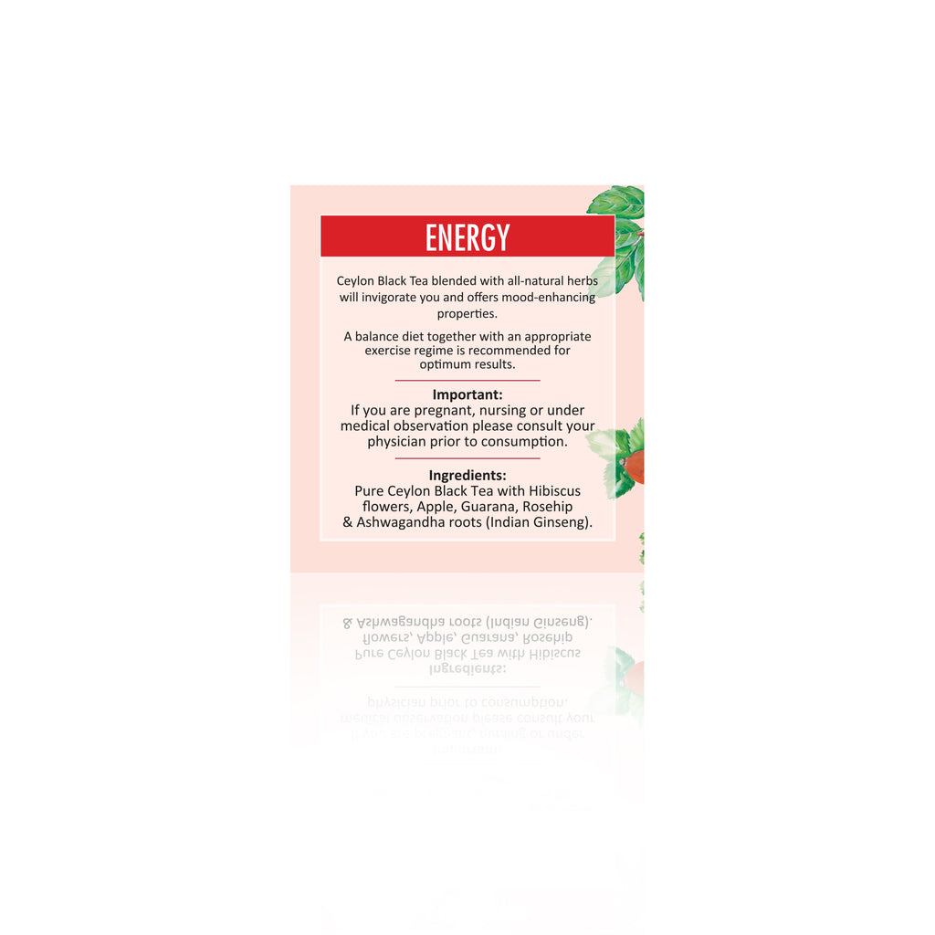 Teacord Energy Wellness Tea Blend – pure Ceylon black tea with guarana, ashwagandha, hibiscus, and rosehip