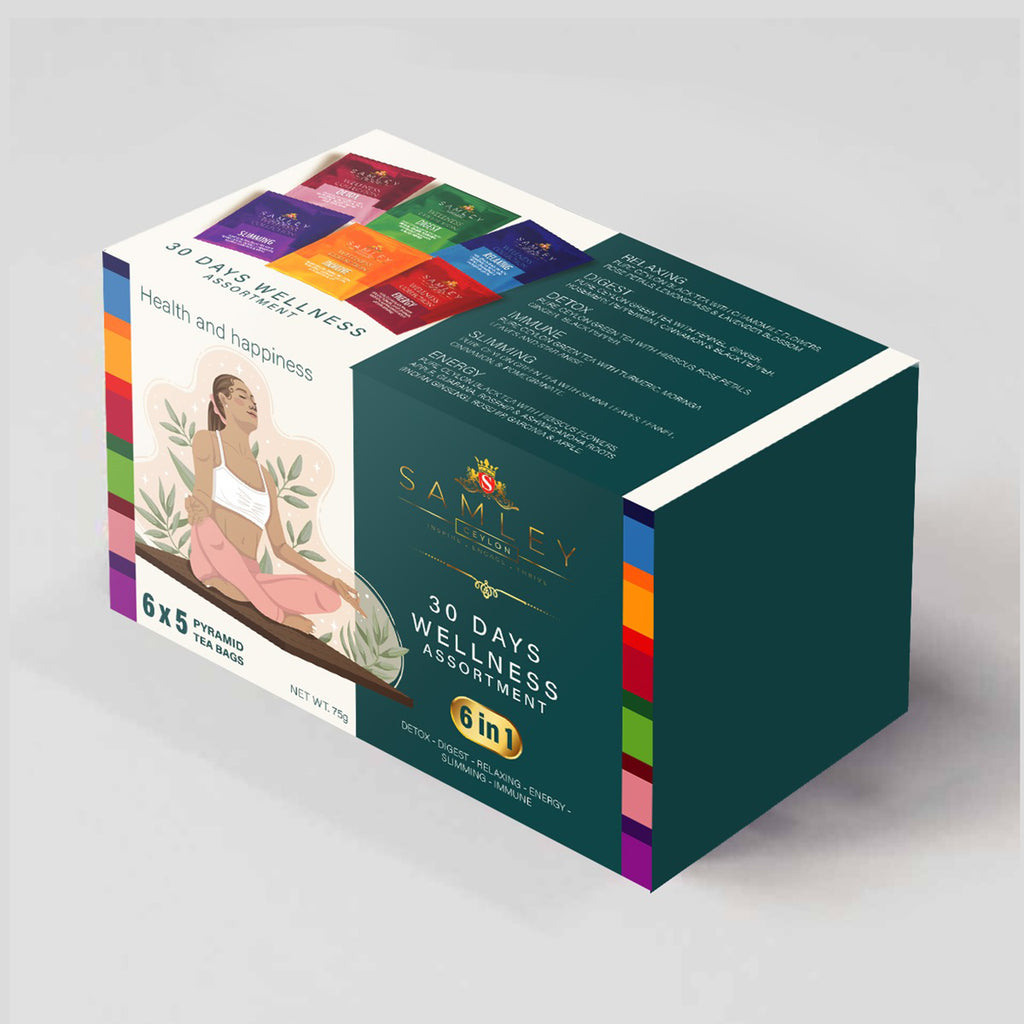 Teacord 30-Day Wellness Collection Gift Box with six Ceylon tea blends, 30 individually wrapped tea bags