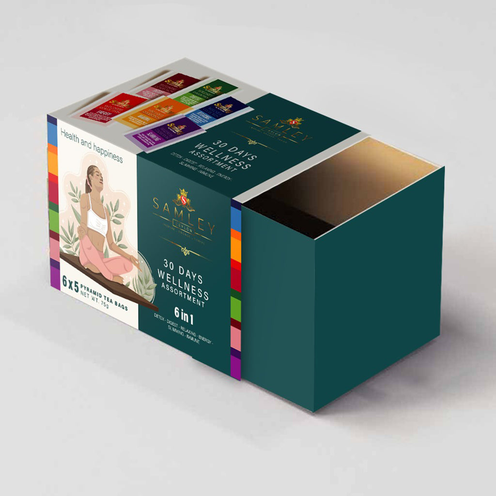 Teacord 30-Day Wellness Collection Gift Box with six Ceylon tea blends, 30 individually wrapped tea bags